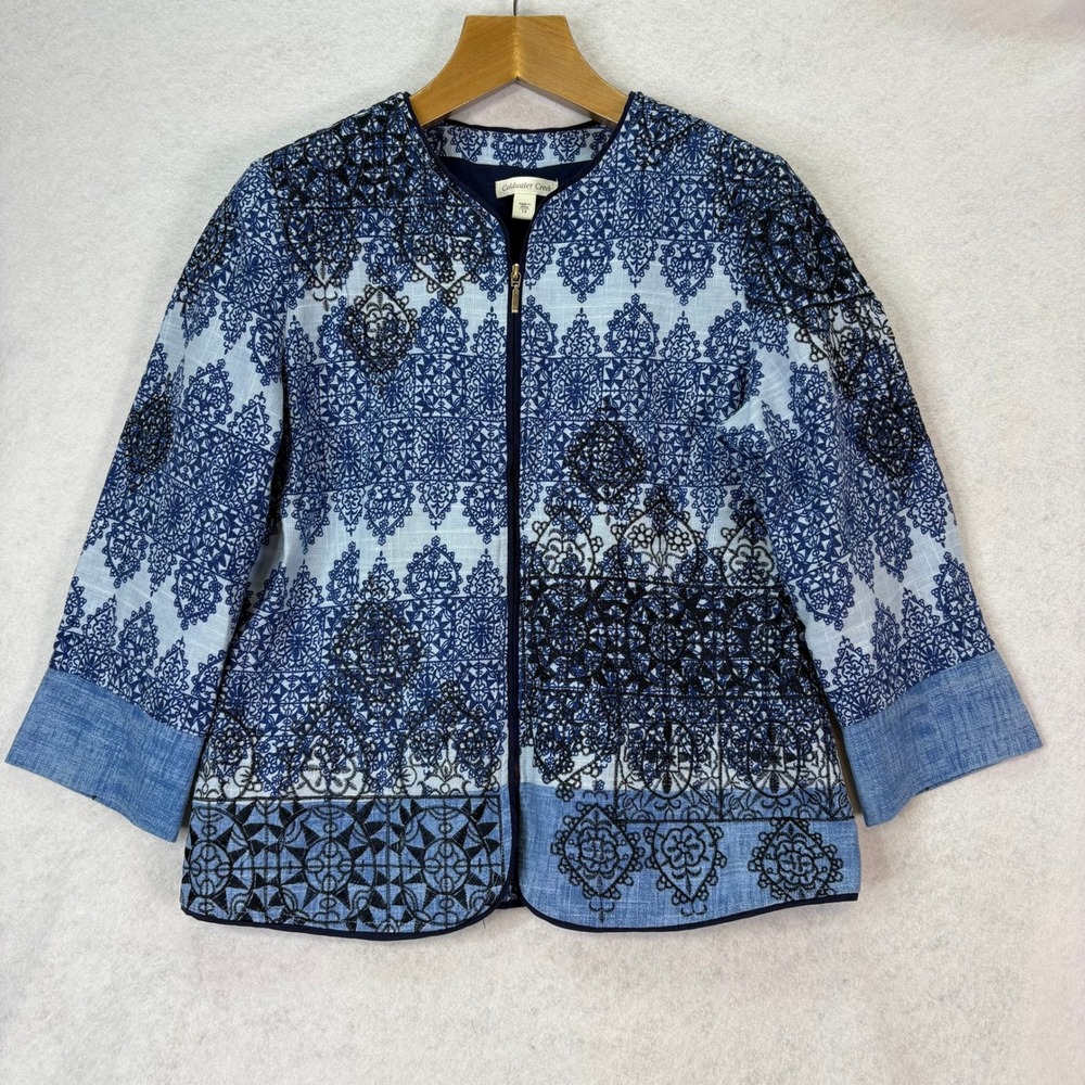 Coldwater Creek Blue Embroidered Tile Print Zip Front Jacket Women 14 Bohemian